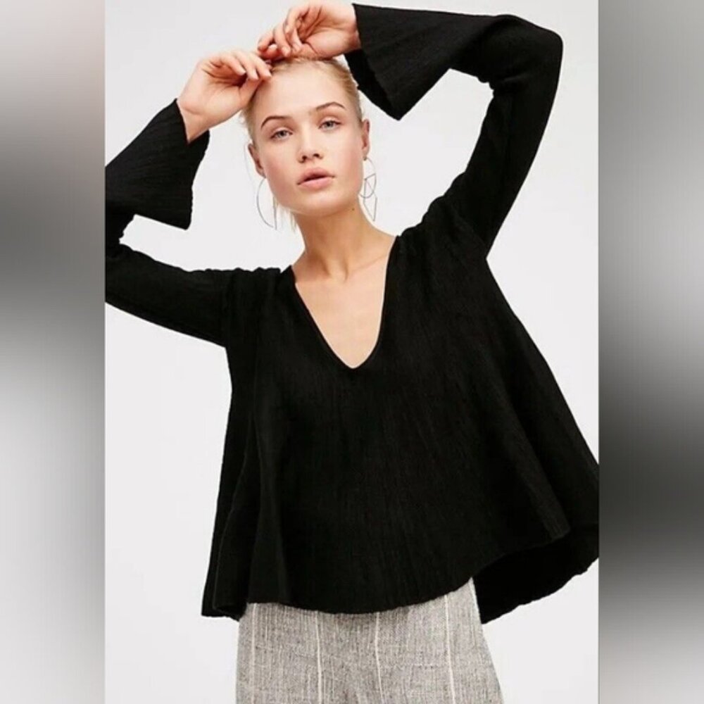 Free People Linen Cotton Coastal Whimsigoth Boho Dark Gypsy Festival Sweater M - Picture 1 of 9
